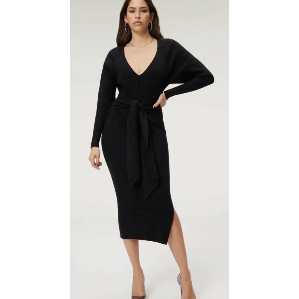 Good American Womens Size 4 Black Long Sleeve Belted Rib-Knit Midi Dress